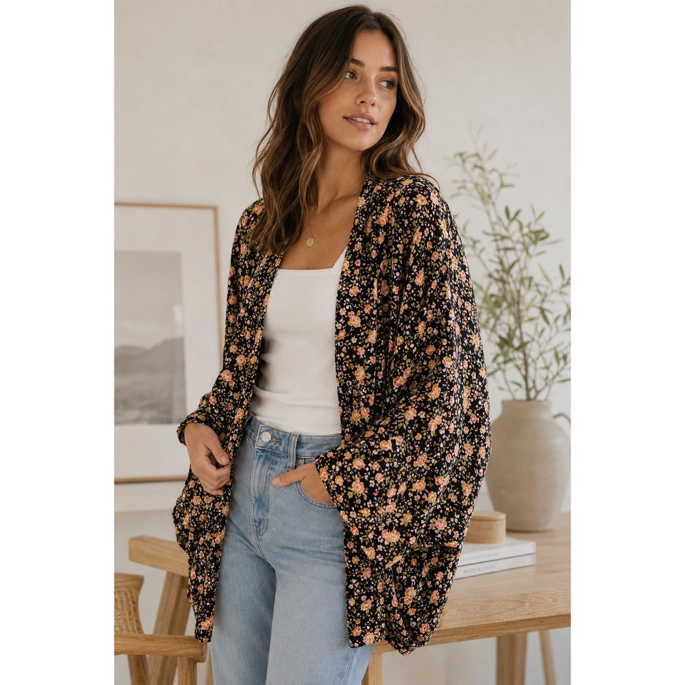 Sim & Sam Floral Kimono Cardigan Black Boho Open Front Cover Up S/M Romantic